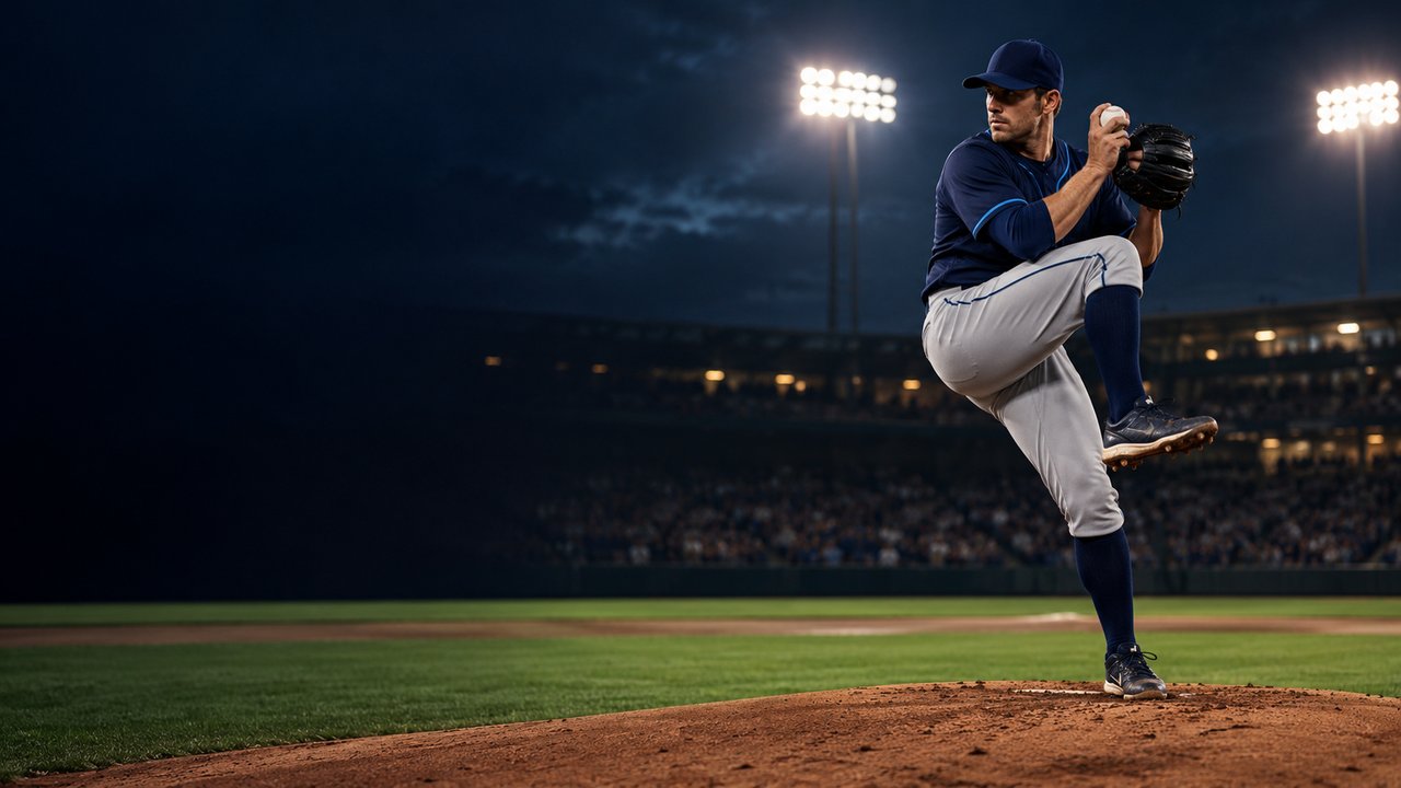 Baseball pitcher winding up on a mound under stadium lights (AI-generated image)