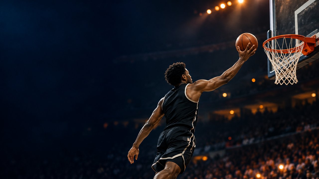 Basketball player reaching up to lay the ball into a hoop in a dark arena (AI-generated image)