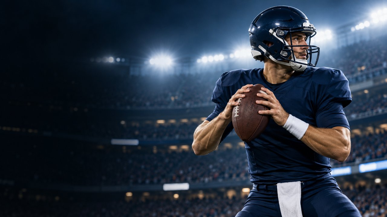 American football quarterback holding a football under stadium lights (AI-generated image)