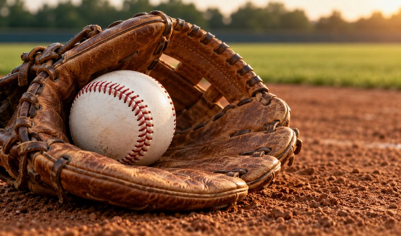 Baseball resting in a leather glove on a dirt infield (AI-generated image)