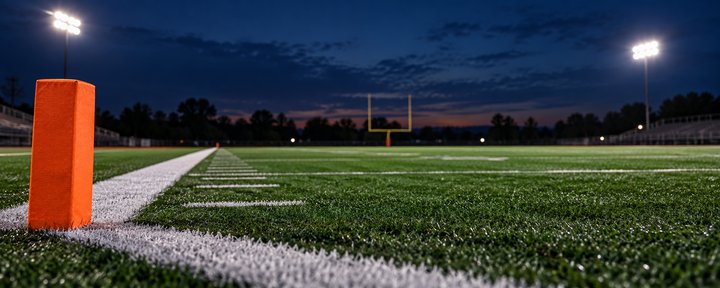 Floodlit football field seen from the stands (AI-generated image)