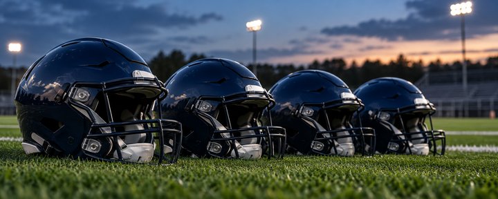 Football helmets lined up on the grass (AI-generated image)