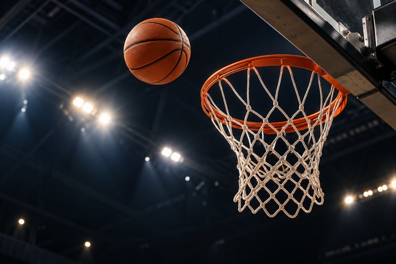 Basketball dropping through a hoop under arena lights (AI-generated image)